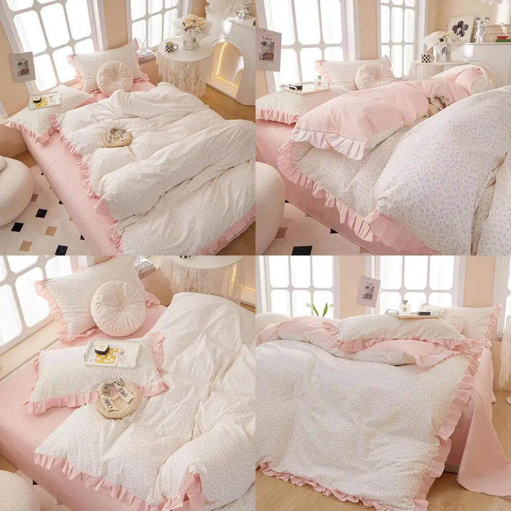 

Комплект пододеяльников королевского размера с розовым цветочным принтом и рюшами, 100% хлопок, застежка-молния из 3 предметов, постельное белье с тематикой принцессы, 90x90