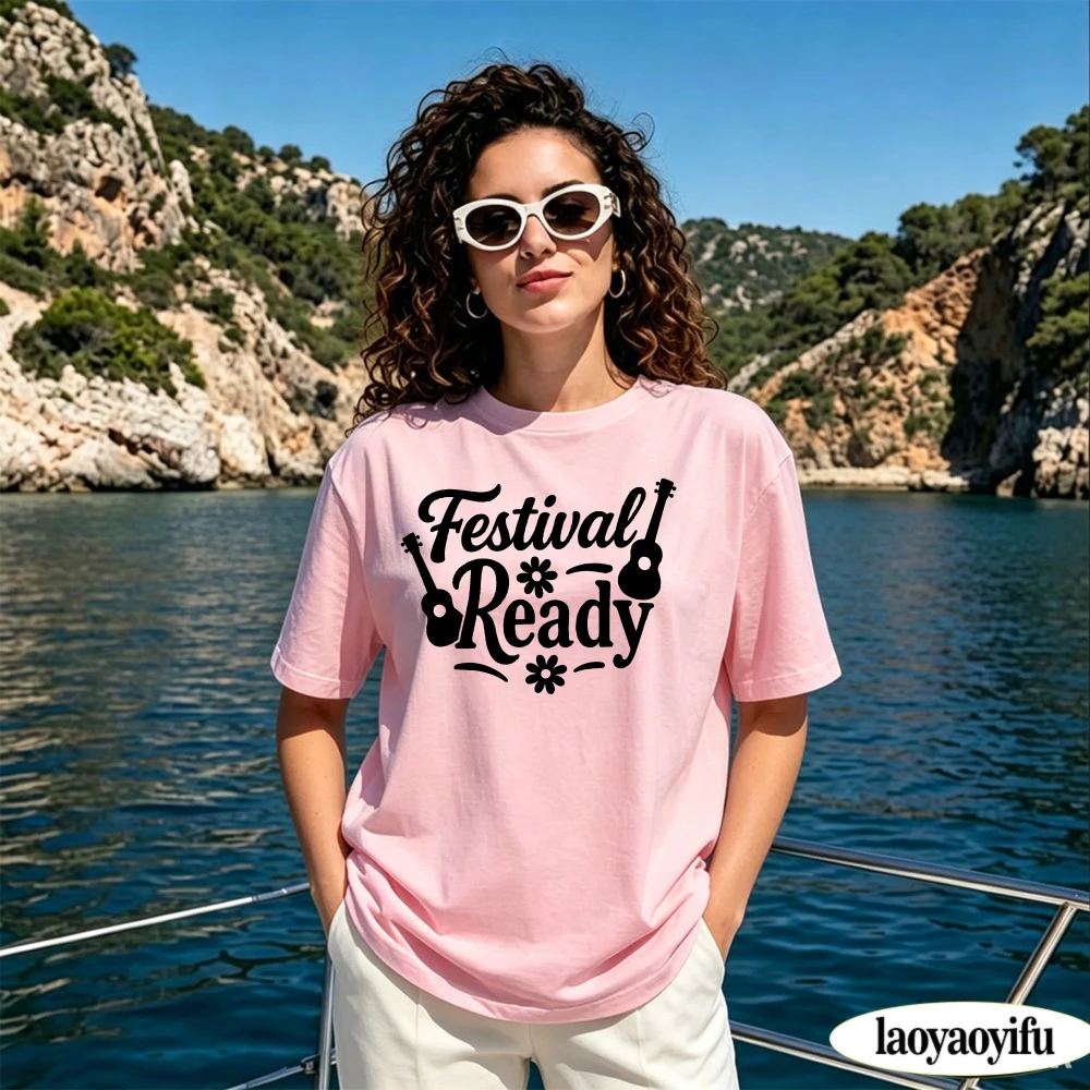 Festival Ready Guitar Daisy Letter Summer Women Cotton T-Shirt Retro Music Festival Ukulele Floral Text Casual Graphic Top