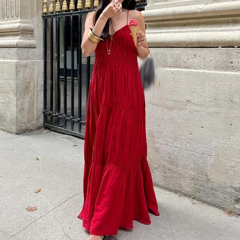 Moda baixo corte com decote em v praia vestido longo verão oco sem costas cor sólida vestido de festa casual suspender plissado vestidos femininos