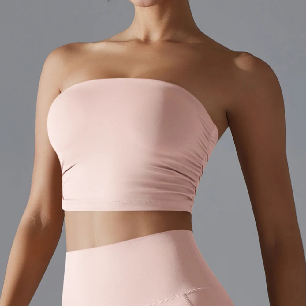 Women's Strapless Ruched Longline Padded Breathable Sports Bra Tube Top Slim Fit Yoga Top Fitness Tank Running Workout Gym Vest