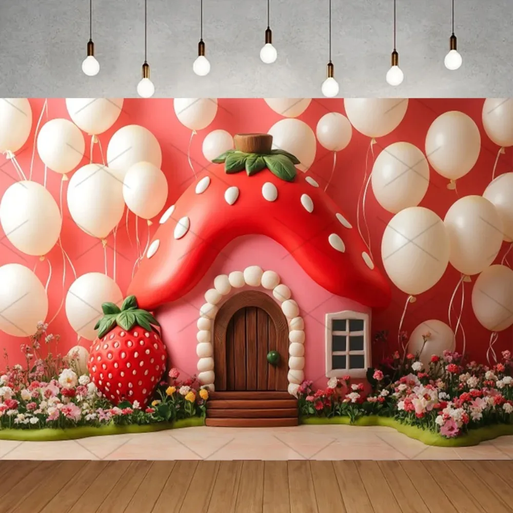 

Red Strawberry House Balloon Arch Banner Photography Background, Girl's Birthday Party, Family Gathering Photography Background