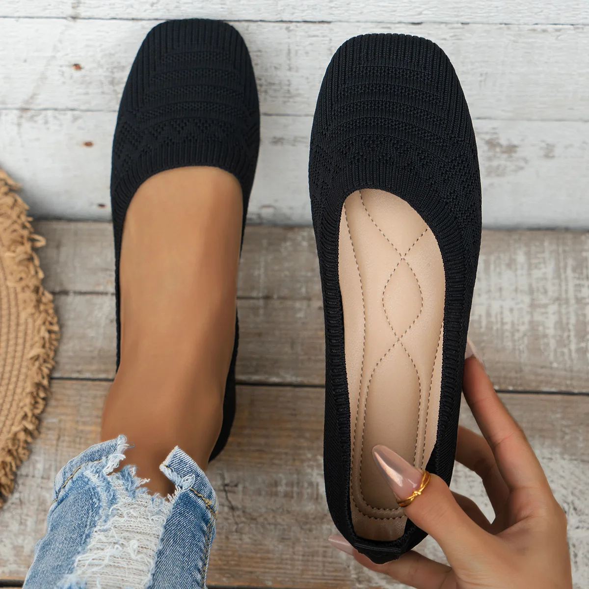 

Вязаные туфли на плоской подошве с квадратным носком, удобные и удобные однотонные женские туфли 2026