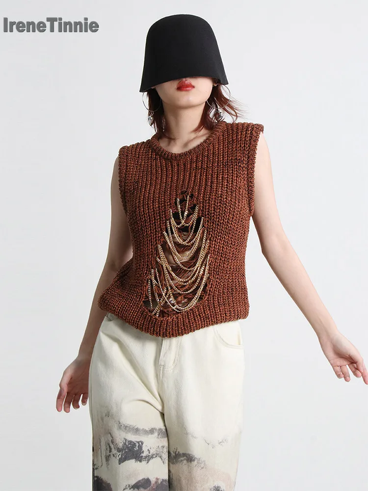 

IRENE TINNIE Hollow Out Sweater Vest For Women Round Neck Sleeveless Patchwork Chain Streetwea Hole Solid Knitting Vests Female