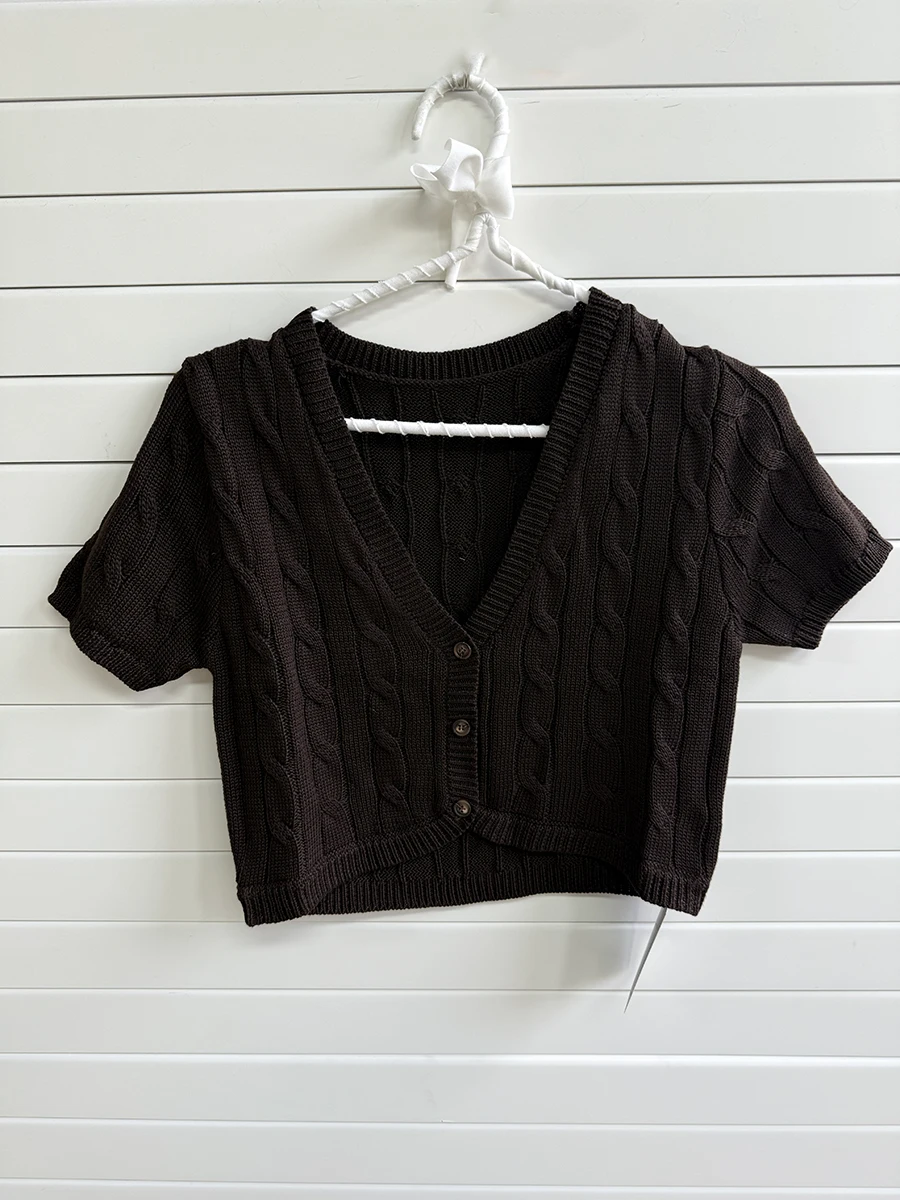 

Retro Twist Flower Cropped Cardigan Woman V-neck Button Knitted Short Sleeve Crop Tops Autumn Vintage Sweet Cotton Knitwear