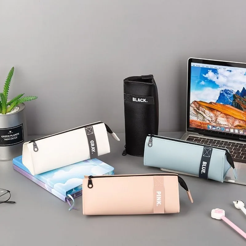 1Pc Minimalist Letter‑Label PU Leather Pencil Case, Portable Zipper Pen Pouch for Student, Back‑to‑School & Office Stationery
