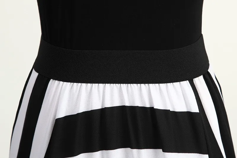 Faionable Striped Long Dr Women's Belt Splicing Drsee Summer New Sle Commute round Ne Mid-Length Slim Fit Decoration