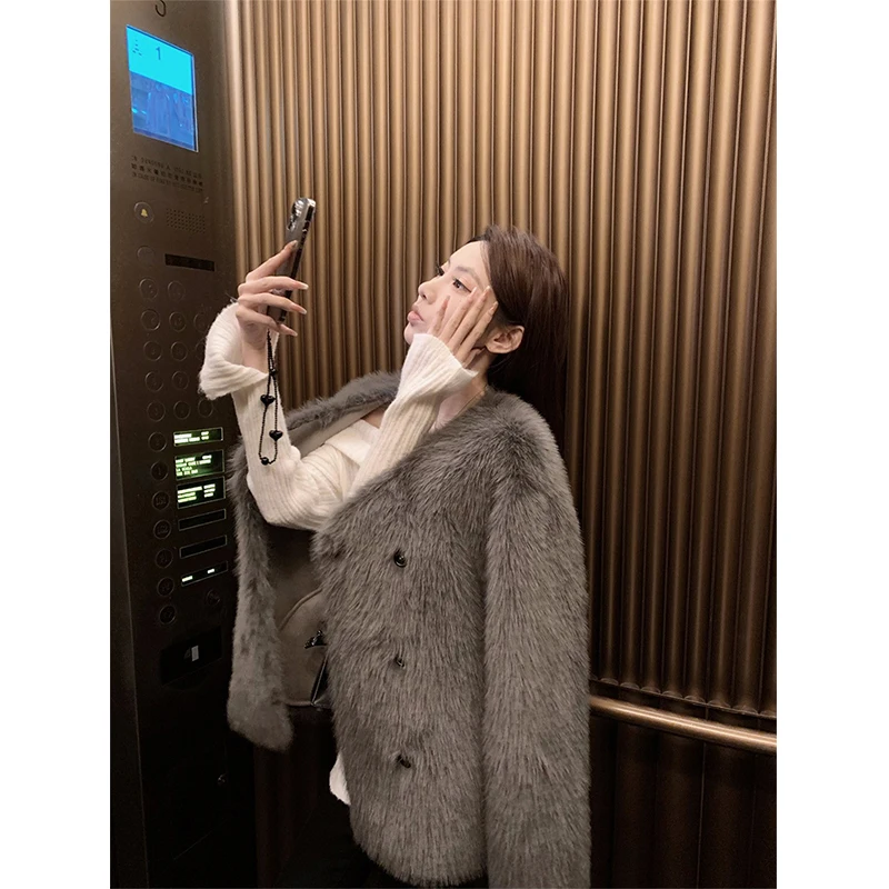 MEXZT Faux Fur Coat Women Fashion V Neck Quilted Fluffy Jacket Winter Ladies Korean Elegant Long Sleeve Warm Furry Outerwears