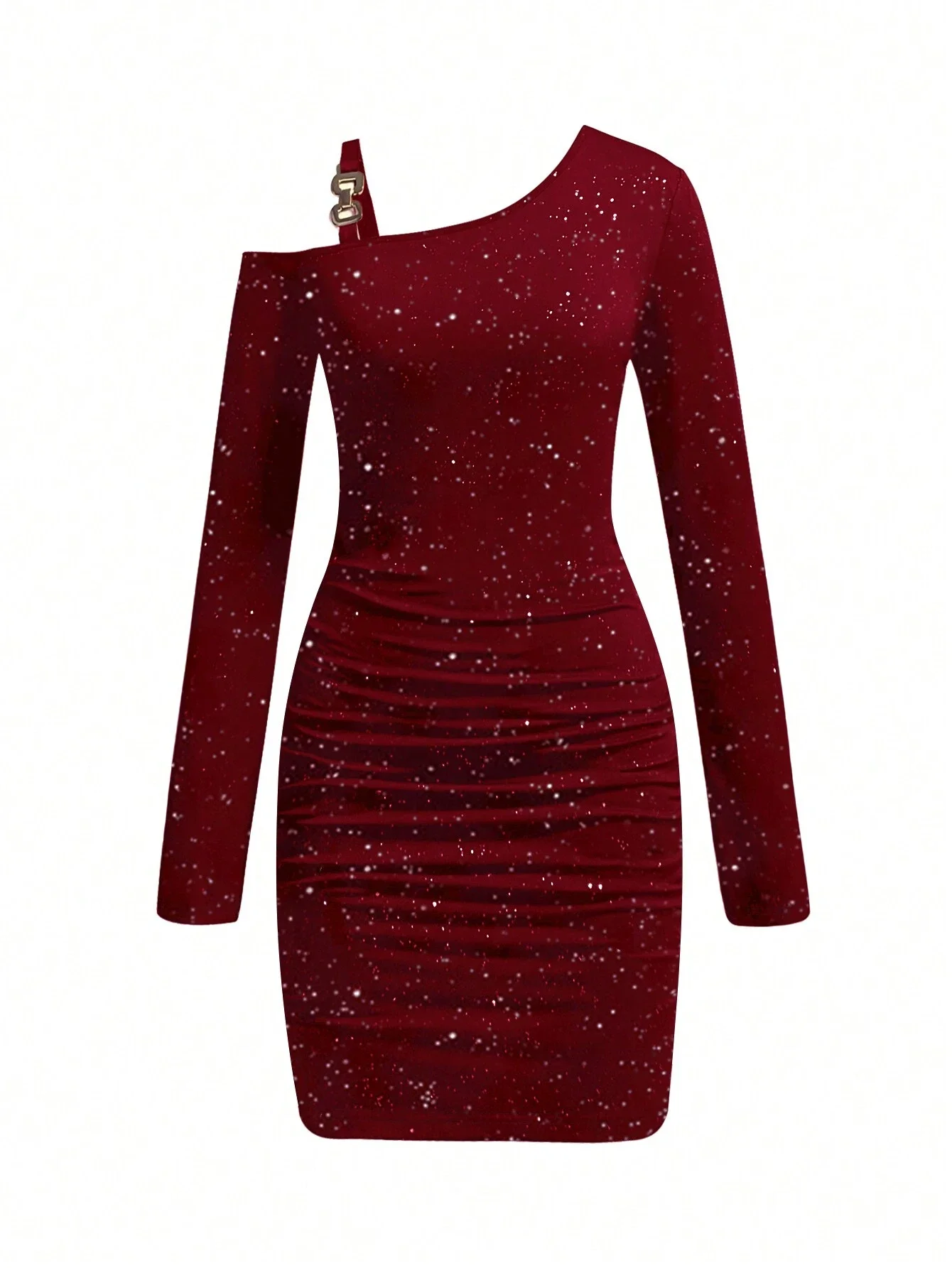 

Women Glittery Asymmetrical Neck Long Sleeve Fitted Elegant Mini Dress