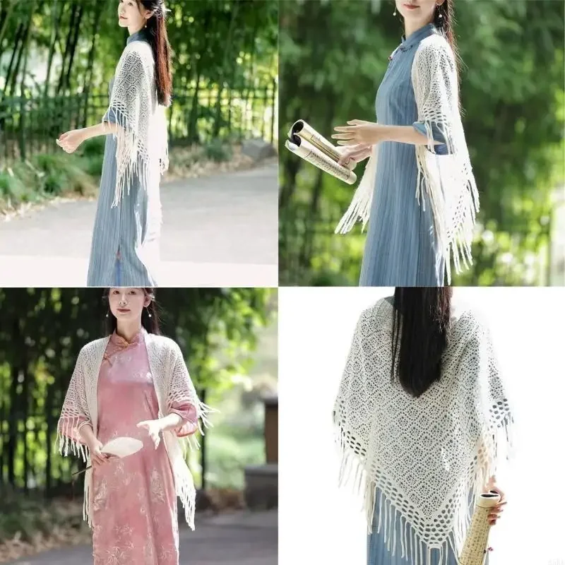 

Women's Summer Knitted Shawl Wrap with Crochet Pattern and Tassels For Layering On Chilly Night and Vacation Daily Wear