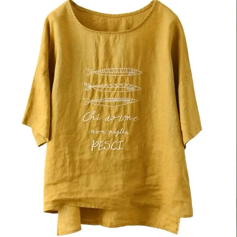 레트로 자수 린넨 반팔 티셔츠 여성 여름 신상 루즈핏 큰 사이즈 다용도 디자인 라운드넥 오버헤드 셔츠