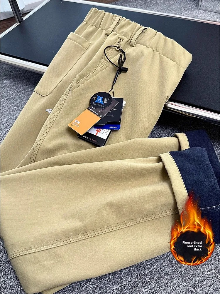 

Мягкие мужские брюки цвета хаки на подкладке на открытом воздухе, осенне-зимние футболки, походные брюки, повседневные прямые брюки