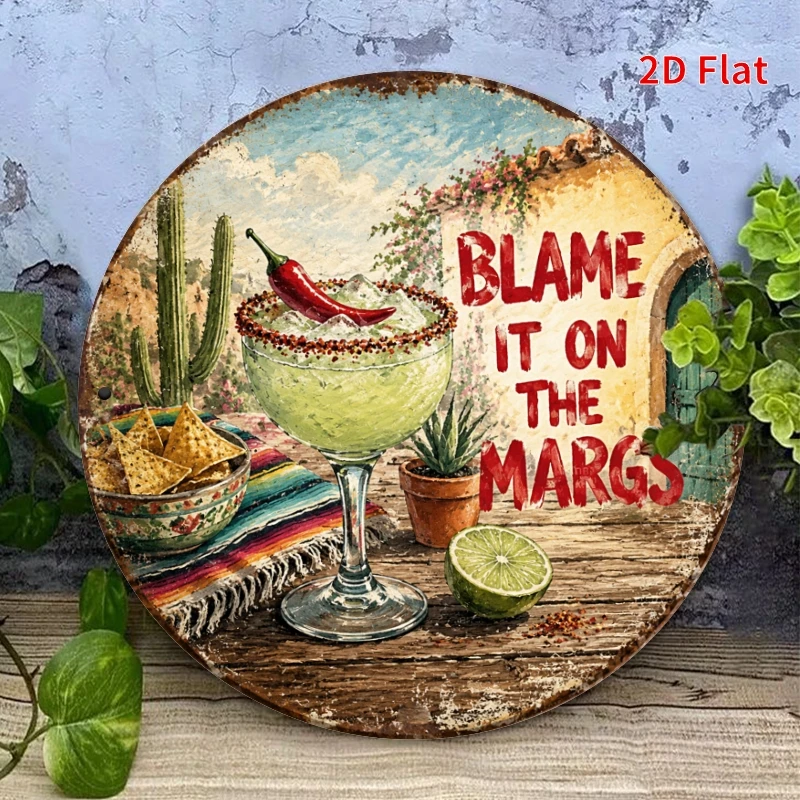 2D Flat, Decorative Sign 2D Flat, [2Dflat], 1pc 7.87x7.87inch- Blame It On The Margs Funny Margarita Tin Sign, Mexican Decorativ