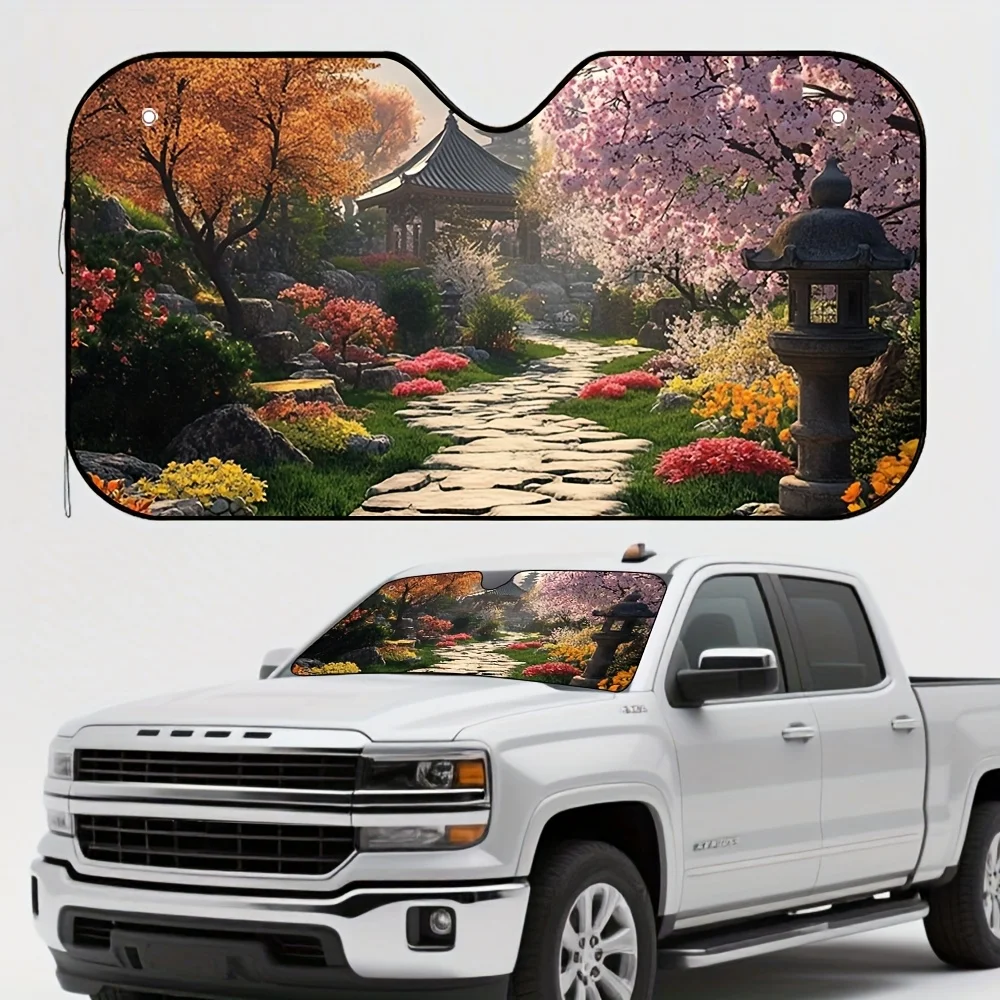 1pc Spring & Wind Courtyard Print Car Sunshade – Stylish White Polyester Design With Vibrant Floral & Pathway Scene, 4 Suction C