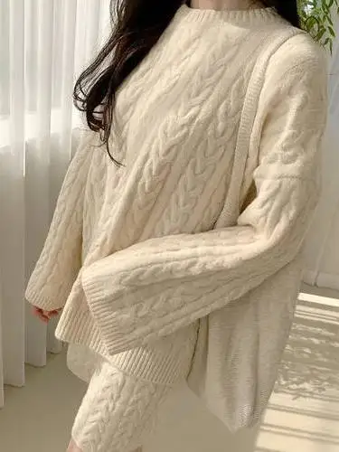 Koreaanse Sle Thiened gebreide trui en orts Set Dames Vintage Twist Loose Lazy Sle Winter Faion Damesoutfits