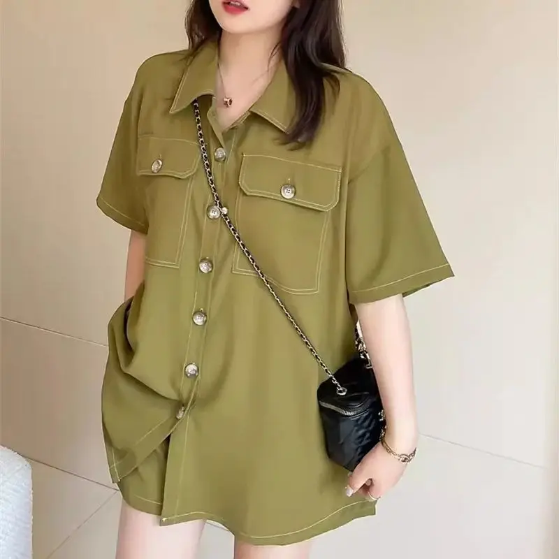 

2024 Summer New Loose Versatile Women Wear Slim and Explosive Street Fashion Set Shirt Shorts Two piece Set Solid Color Commuter