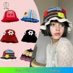 63colors New Korean Handmade Bucket Hat Autumn Hat Women's Knitted Hat Y2k Fashion Flowers Winter Beanies Fisherman's Hat