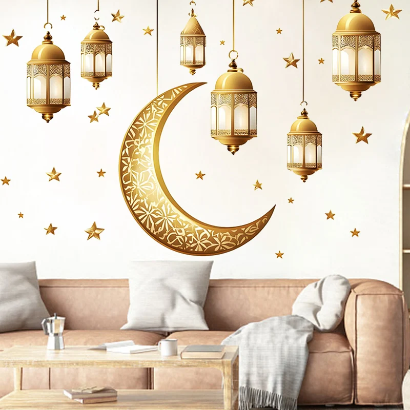 Eid Mubarak Wall Stickers Moon Star Lantern Window Stickers Ramadan Decor Wallpaper For Home Wall Decals Islamic Party Supplies