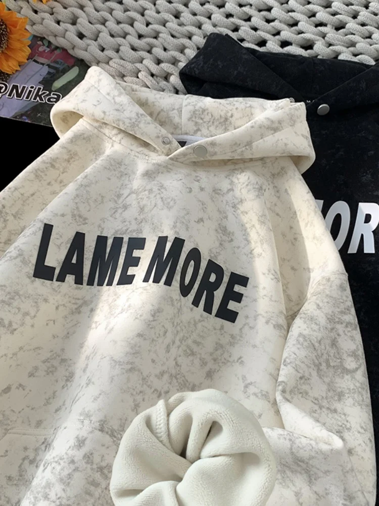 

Мужская зимняя утепленная толстовка с капюшоном в американском ретро-стиле с эффектом тай-дай, на флисовой подкладке, молодежная повседневная спортивная куртка из хлопка и полиэстера