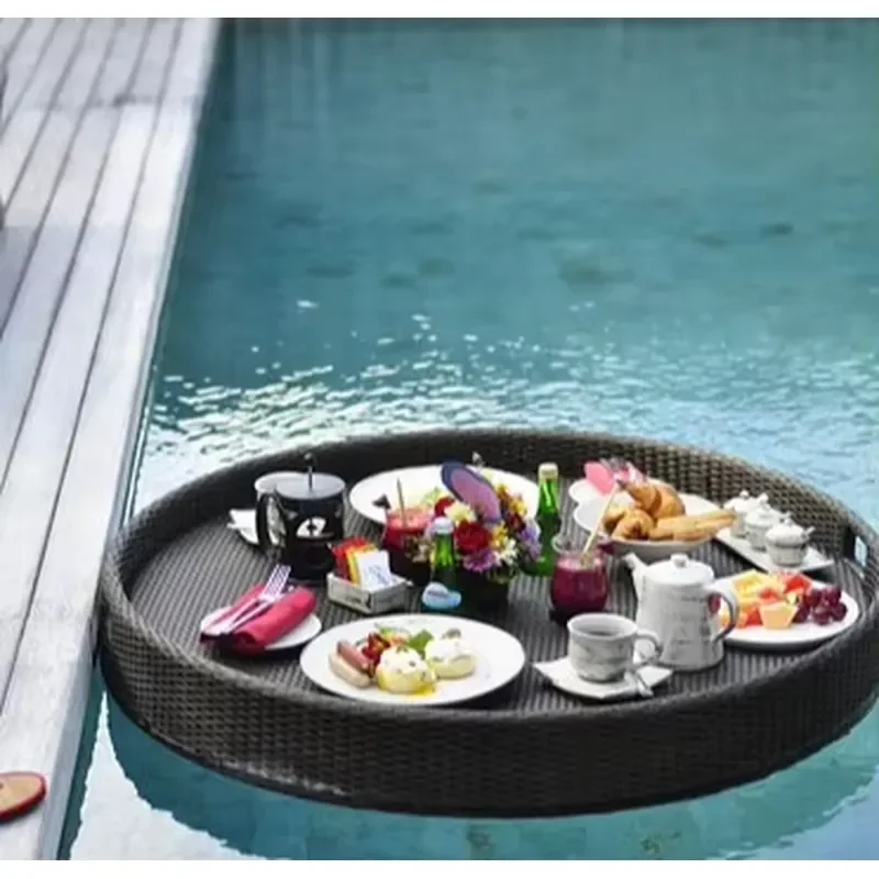 Modern Aluminum Floating Breakfast Tray for Pool Multi Shape Polyethylene Rattan Design Holiday Leisure Outdoor Water Service