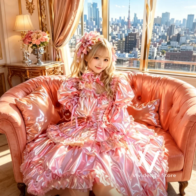 Rosa PVC Luxus-Ballkleid mit hohem Kragen, süßen Lolita-Puffärmeln, Mädchen-Lolita-Anime-Abendkleid für besondere Anlässe, maßgeschneidert.