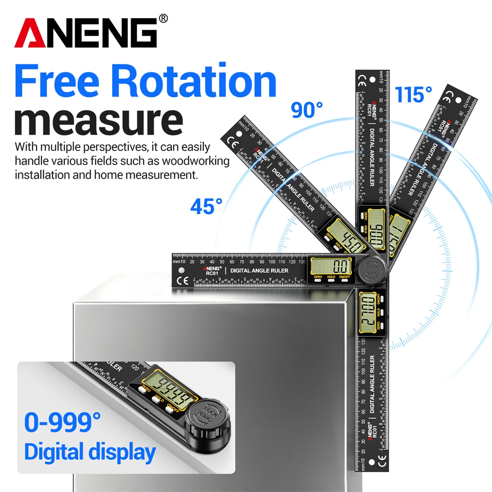 200mm Digital Display Angle Gauge Detector ANENG RC01 2 in 1 High Accuracy Mutifunction Scale Suitable for Woodworking Detection