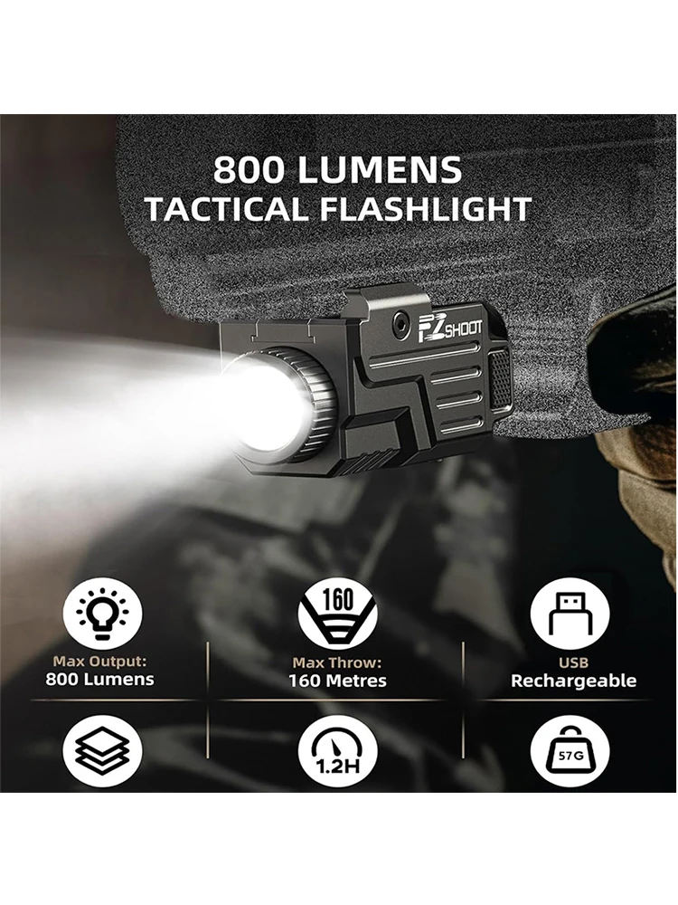 Latarka taktyczna EZshoot 800 lumenów LED kompatybilna z pistoletem Picatinny i szynami GL Tryb stroboskopowy ładowany przez USB — 2