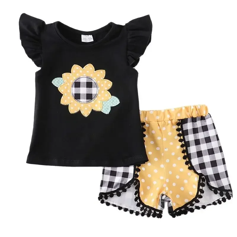 

Summer baby girl children's clothing Daisy Sunflower pom pom Shorts outfits Boutique girls sets