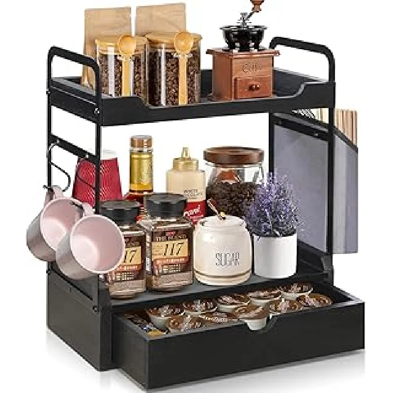 

Double layered capsule box, syrup snack storage box, bag and hook (black) wooden coffee bar storage rack