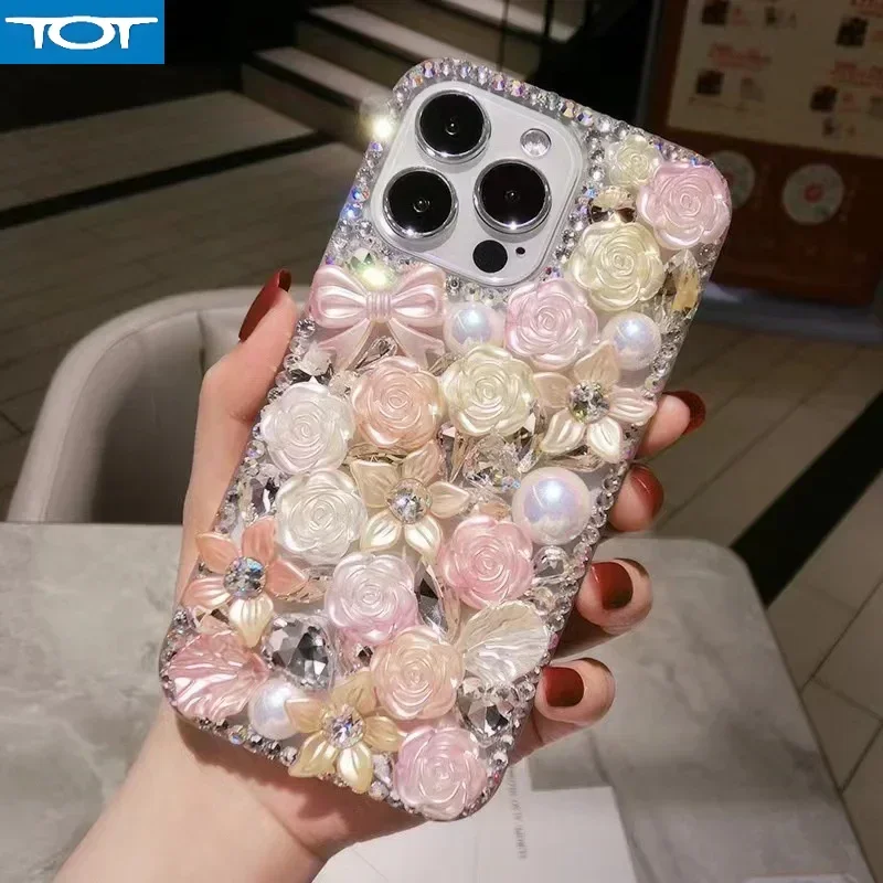

Luxury Crystal Diamond Bow Camellia Flower Case For iPhone 16 15 14 13 12 Mini 11 Pro XS Max X XR Plus Handmade Rhinestone Cover