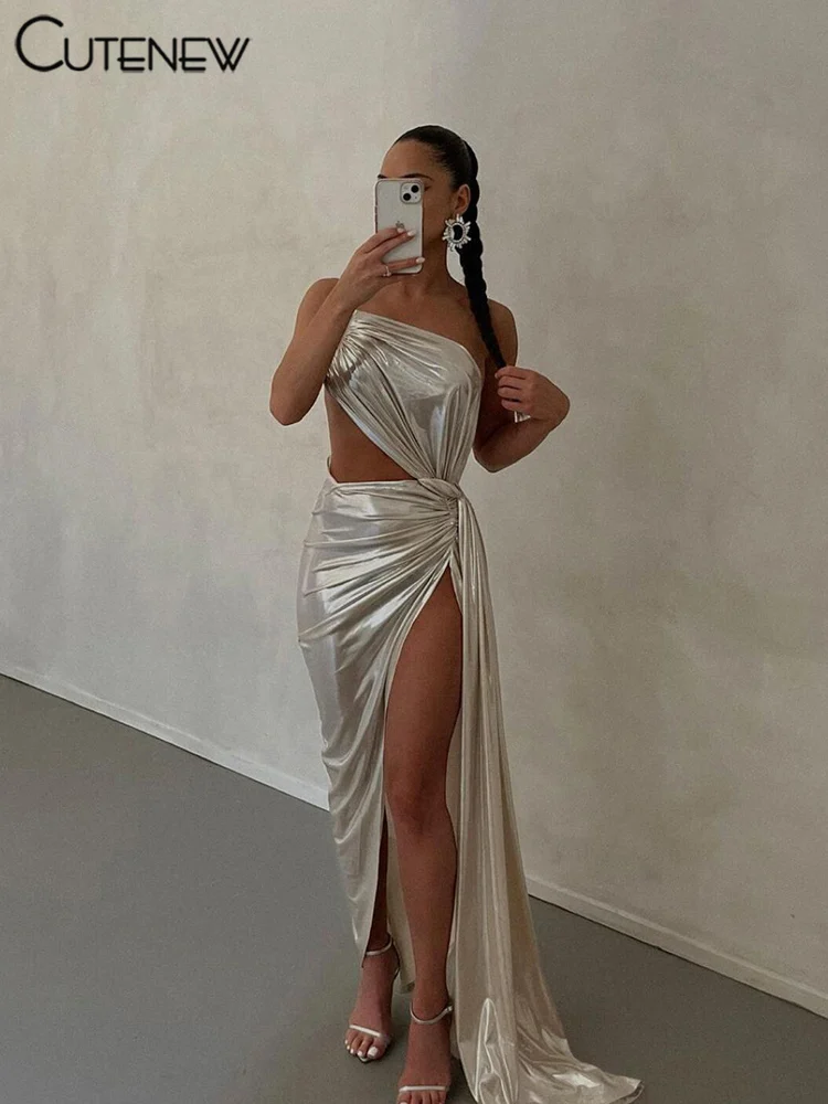 Cutenew Women\'s 2023 Spring New Slim Dresses Sliver Backless Elegant Skinny Shiny Party Clubwear Casual Hollow Out Lady Vestidos