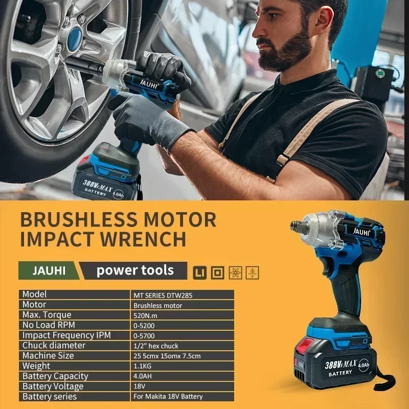 JAUHI 520N.M Brushless Electric Impact Wrench Cordless Electric Wrench 1/2 Inch for Makita 18V Battery Screwdriver Power Tools