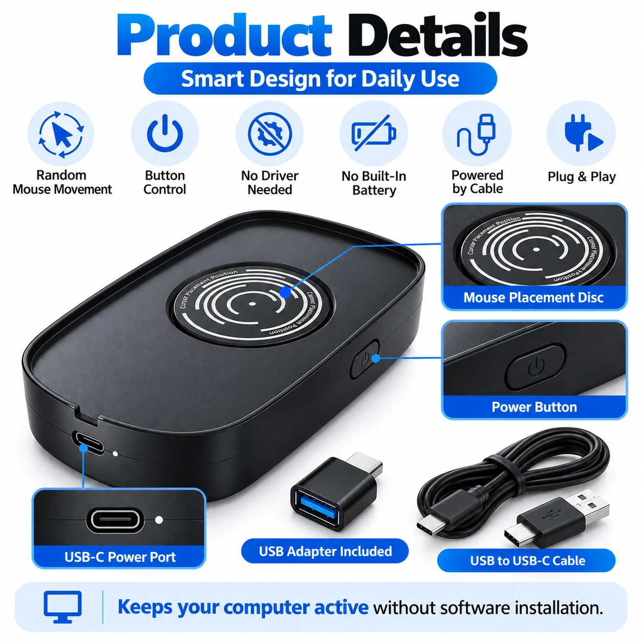 Jiggler USB Mouse Mover Anti-sleep Automatic Mouse Movement Simulator With ON/OFF Switch For Computer Awakening Keeps PC Active