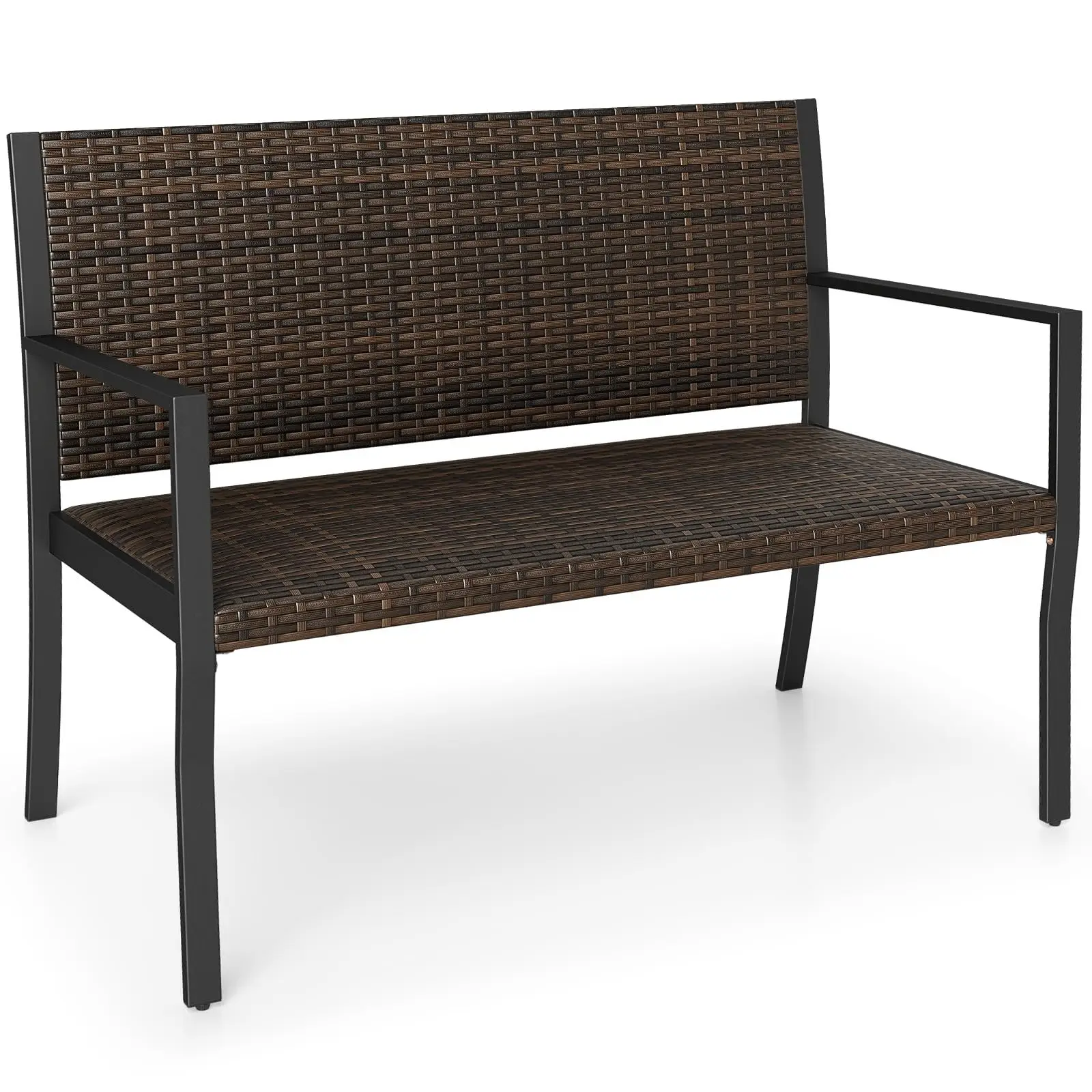 Wicker Outdoor Bench with Soft Sponge Seat, 800 LBS Patio Loveseat with Heavy Duty Metal Frame, PE Rattan 2-Person