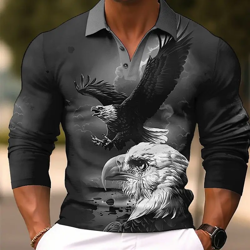 

Autumn Men's Polo Shirt 3D Eagle Printing Graphic Lapels Pullovers Fashion New Loose Long Sleeve Shirts Casual Oversize Clothing