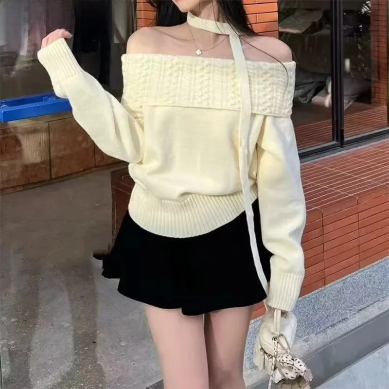 Women Off Shoulder Sweaters Solid Knit Top Korean Style Fall Winter Pull Femme Long Sleeve Vintage Casual Elegant Pullovers