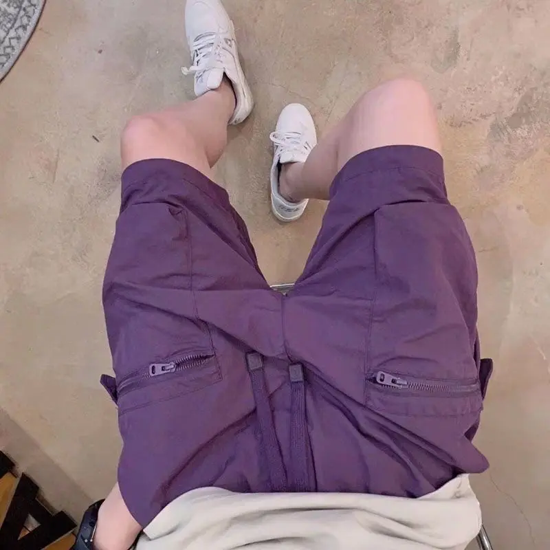 Summer New Men's Loose Street Casual Shorts Elastic Waist Solid Pockets Patchwork Trend Shorts Fashion High Street Men Clothing