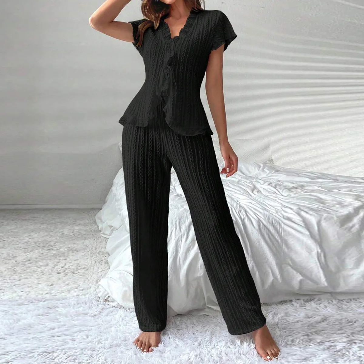 

Пижамный комплект с поясом и короткими рукавами, длинные брюки, повседневная модная сексуальная домашняя одежда, комплект из двух предметов для женщин