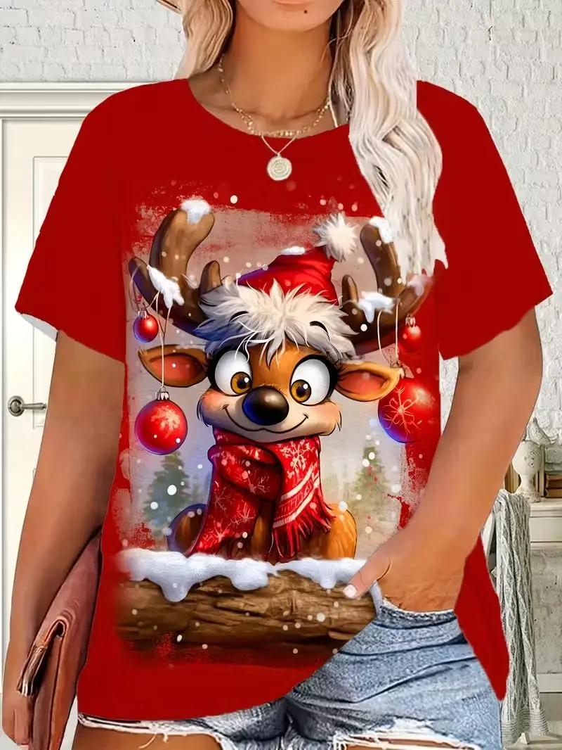 Snowman Christmas T-Shirts Santa Claus Reindeer 3D Print Women Short Sleeve O-Neck T Shirt Harajuku Y2K Tees Top Female Clothing