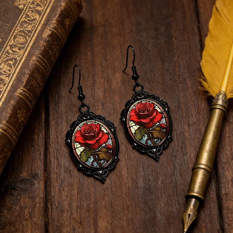Gothic Red Rose Flower Stained Glass Dangle Earrings Vintage Black Oval Drop Earrings For Women Jewelry