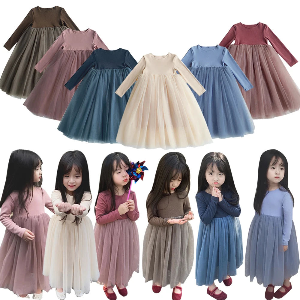 

Одежда для маленьких девочек от 1 до 10 лет, лоскутное сетчатое платье принцессы, повседневный пуловер с длинными рукавами, весенне-осенний цельный бархатный флисовый топ