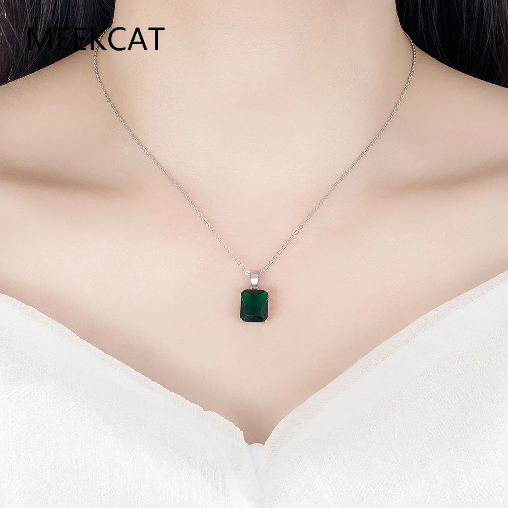 Emerald Cut Blue Topaz Created Blue Sapphire 925 Sterling Silver Pendant Necklace for Woman Rectangle Gemstone Jewelry Choker - view 2
