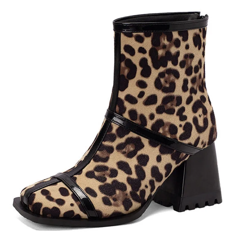 Fashion Leopard Booties Women Winter Suede Chunky Heel Ankle Boots Custom Back Zipper botas de mujer Plus Size 34-43 WSH4731