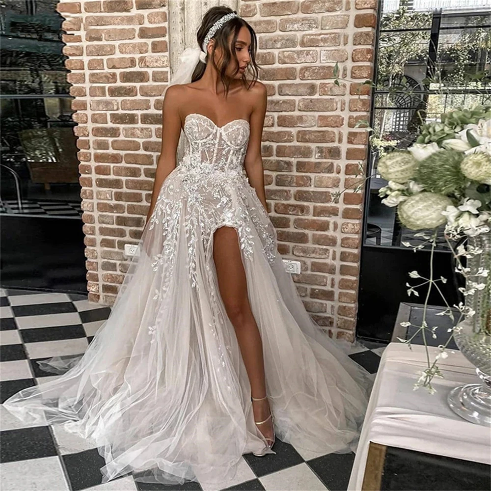 

Customized ZJ9266 2025 Sweetheart Beach Wedding Dresses Bride Sexy Sleeveless Lace Applique Wedding Party Side Split Princess
