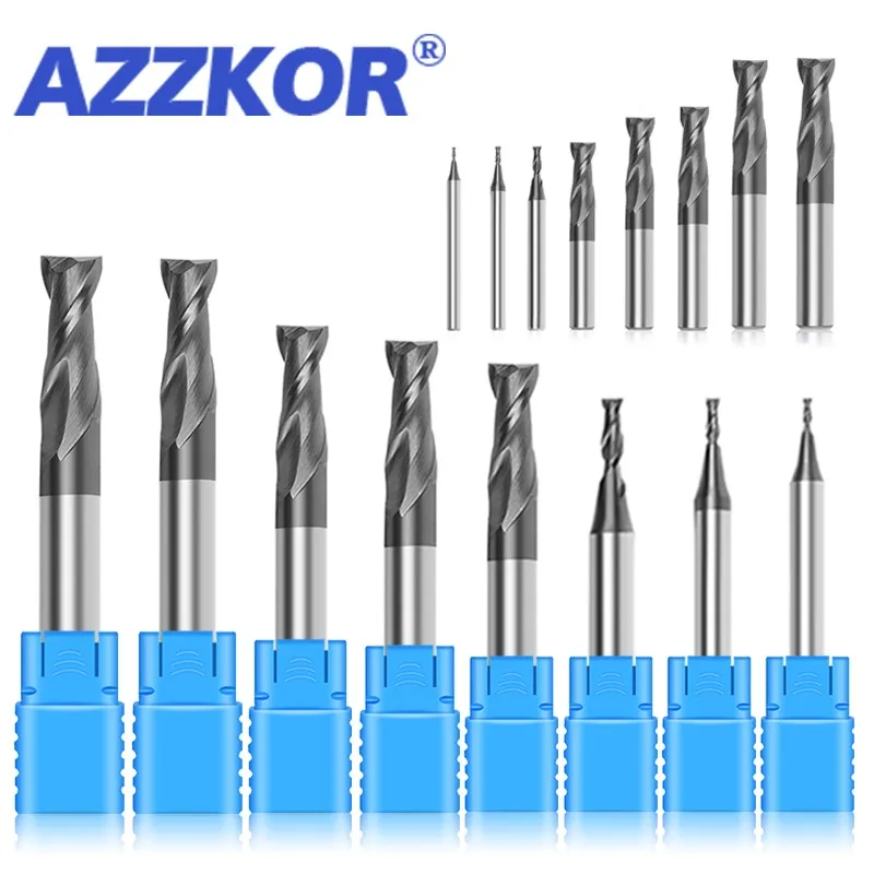 AZZKOR 1.0mm-12.0mm 11-Piece-Set Tungsten Steel Milling Cutter HRC50 2-Flute Carbide Endmill CNC Machining Center End Mill Tools