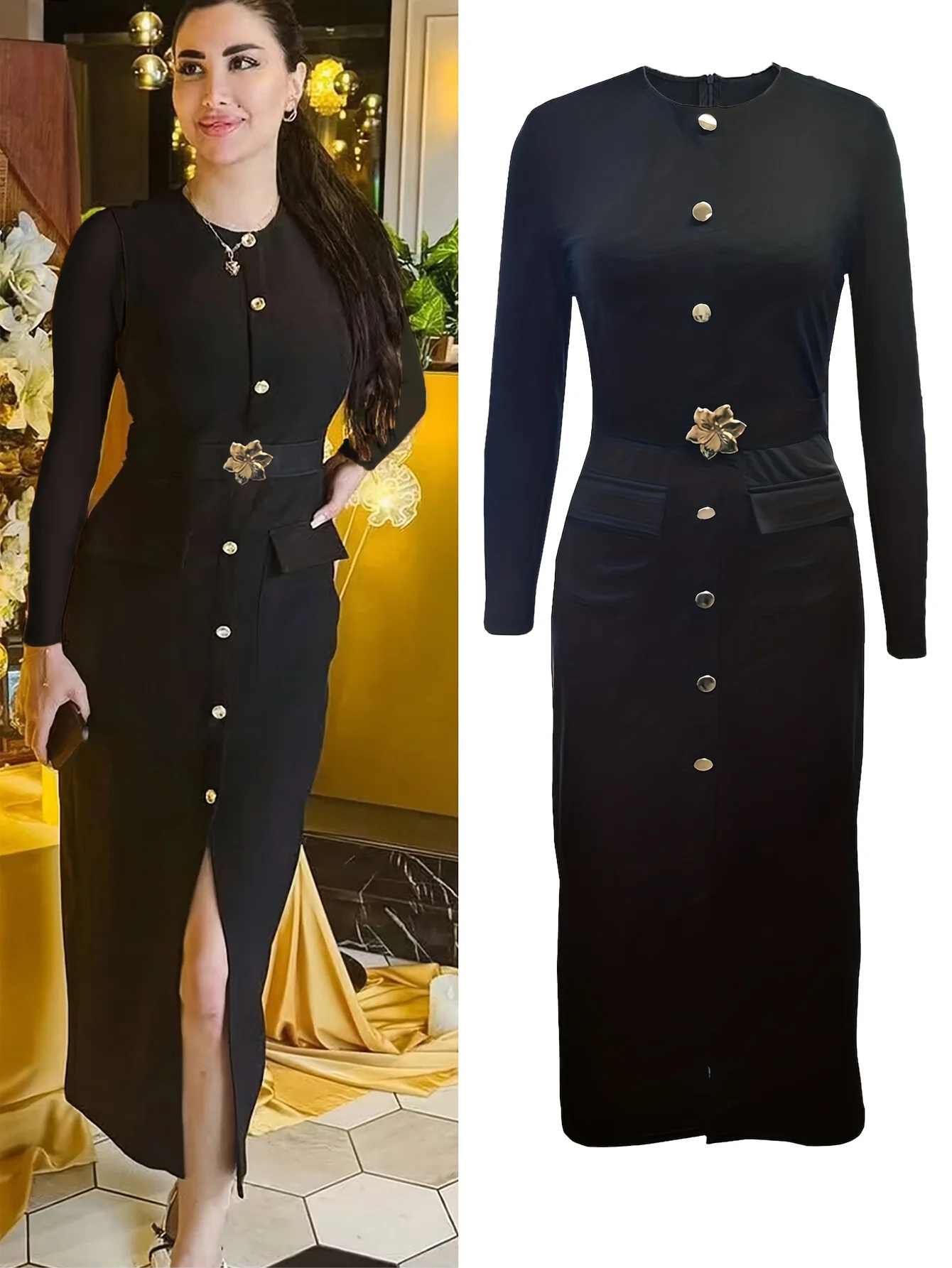 

Роскошное платье 2021, осень-зима, золотой пояс на пуговицах, винтажная одежда, элегантные платья с длинными рукавами для женской одежды