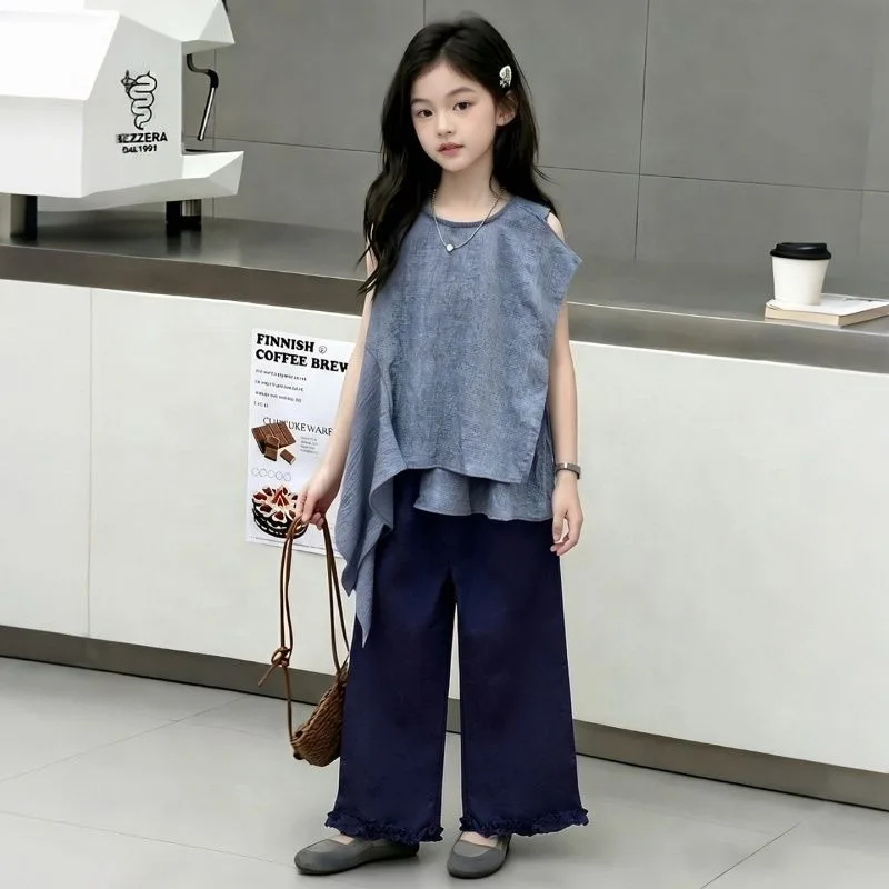 

Girls' 2-Piece Outfit Asymmetrical Sleeveless Top Wide Leg Pants Summer Set