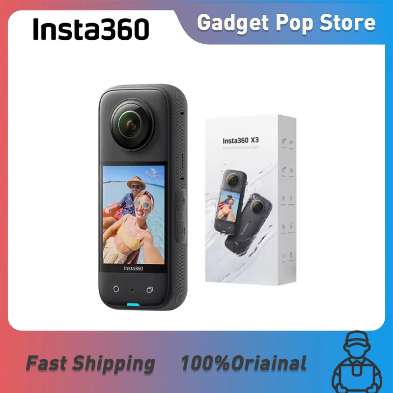 كاميرا Insta360 X3 مقاومة للماء بزاوية 360 درجة، 5.7K 360، تثبيت، شاشة تعمل باللمس، تحرير AI، بث مباشر، كاميرا ويب