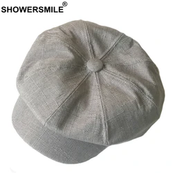 SHOWERSMILE Linen Newsboy Cap Women Solid Vintage Octagonal Cap Men British Style Painter Hat Grey Khaki Autumn Caps And Hats