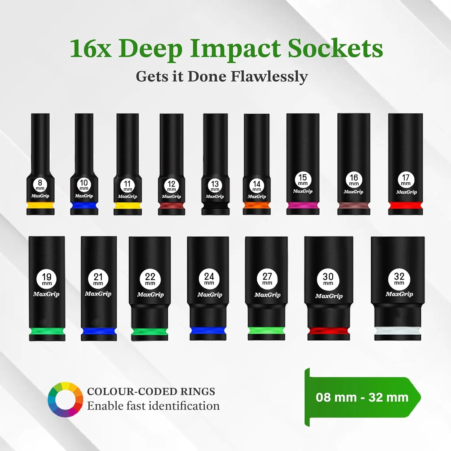 ชุดบล็อกขันน็อตแบบกระแทก 1/2 นิ้ว – 16 ชิ้น ขนาดเมตริก (8 มม.–32 มม.) – ชุดเครื่องมือช่างยนต์และช่างซ่อม