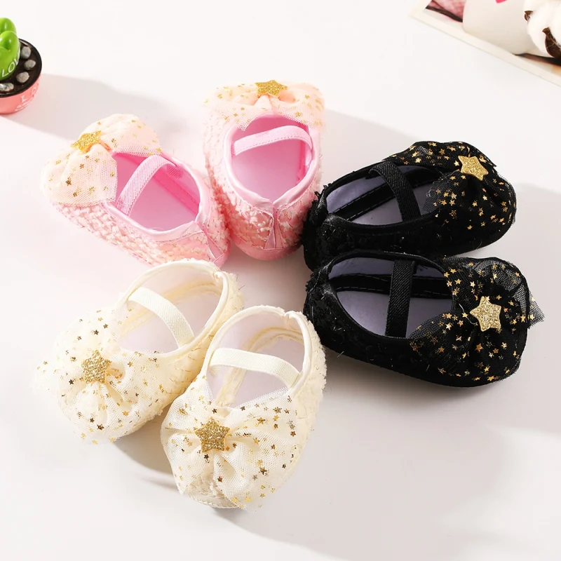 Baby Girls' Mesh Bow Star Princess Shoes Baby Soft Soled Toddler Shoes Headband Set Birthday Party Children'S Girls' Shoes